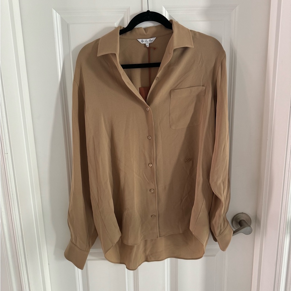 NWT Loro Piana Silk Button-Down Blouse beige brown 44 / US 8